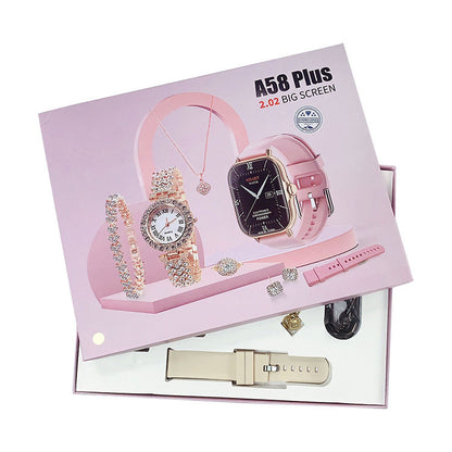 7 in 1 set A58 plus Suit with 2 straps Earrings bracelets necklaces set BT Call 2.02inch women smartwatch